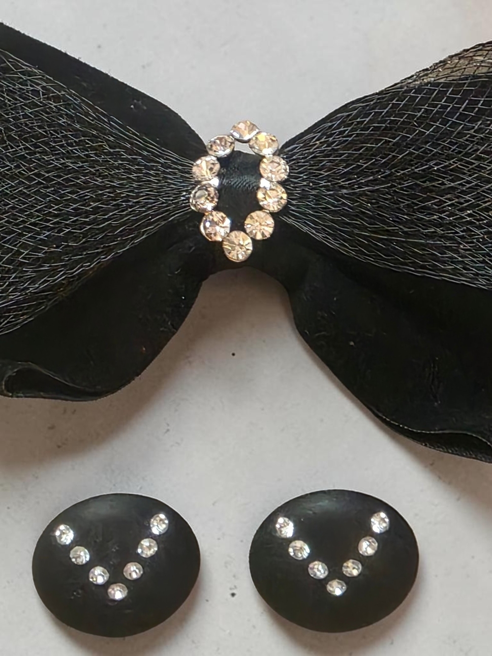 Vintage Black Velvet Rhinestone Bow Pin & Stud Earring Set
